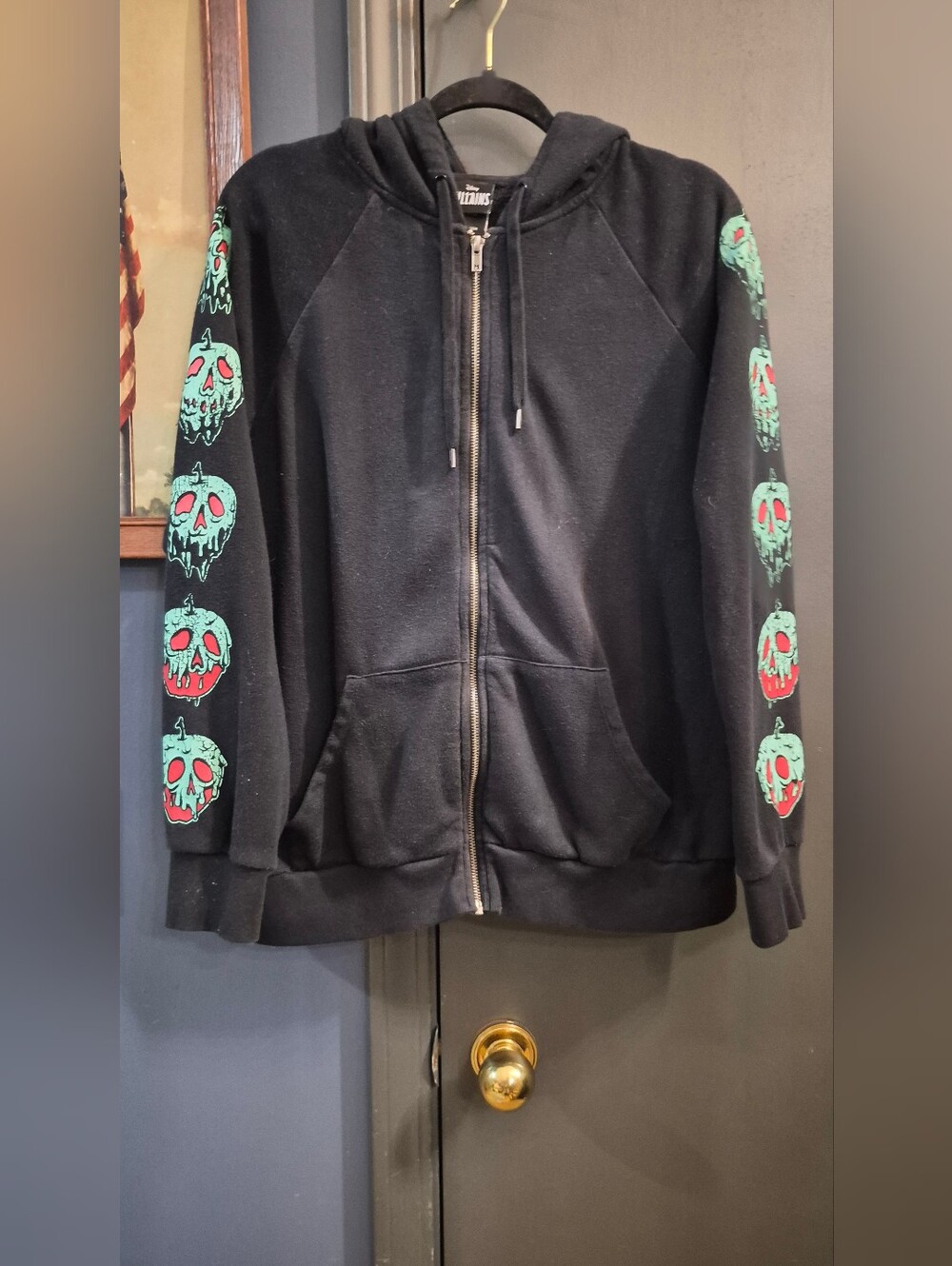 Disney Black Zip Hoodie with Green & Red Poison Apple Skull Sleeve Prints